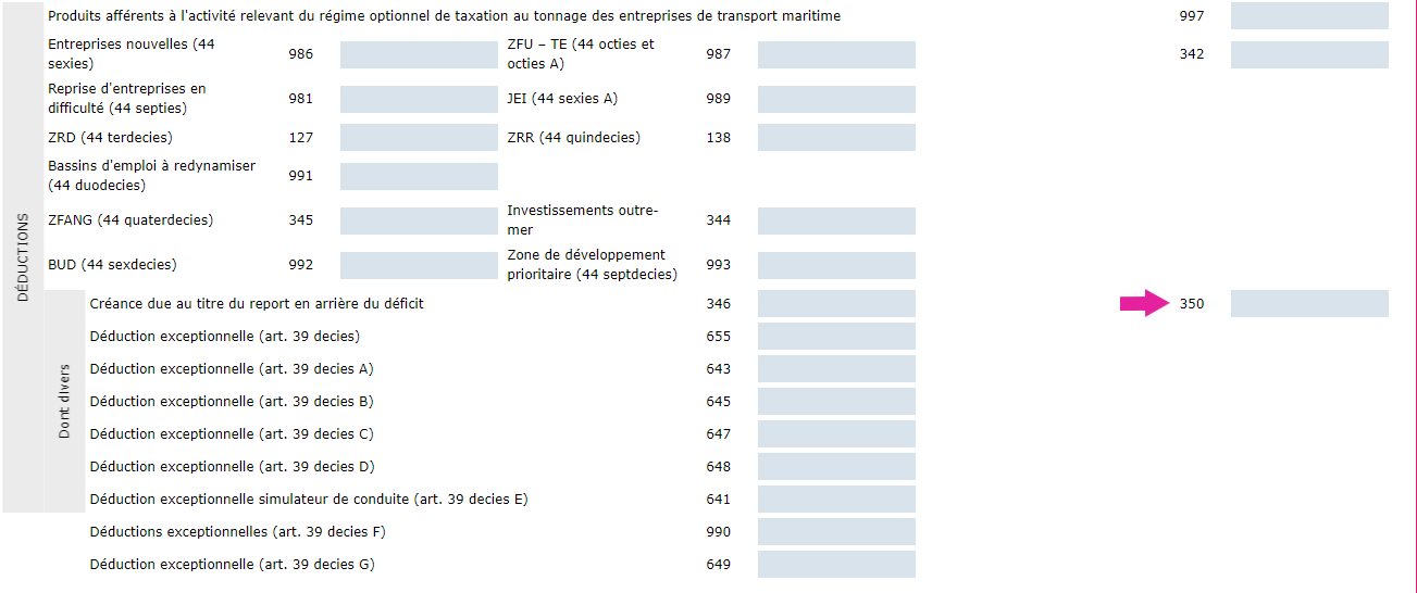 Capture d'écran de la liasse BIC IR / IS régime simplifié à ligne 350 du formulaire 2033 B