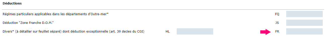 Capture d'écran de la liasse BA à la case FR du formulaire 2139 B